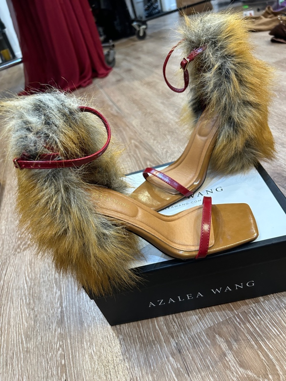 Azalea Wang Tan and Red Fur-Trim High Heel Sandals